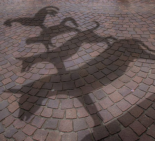 Schatten der Bremer Stadtmusikanten auf rotem Kopfsteinpflaster