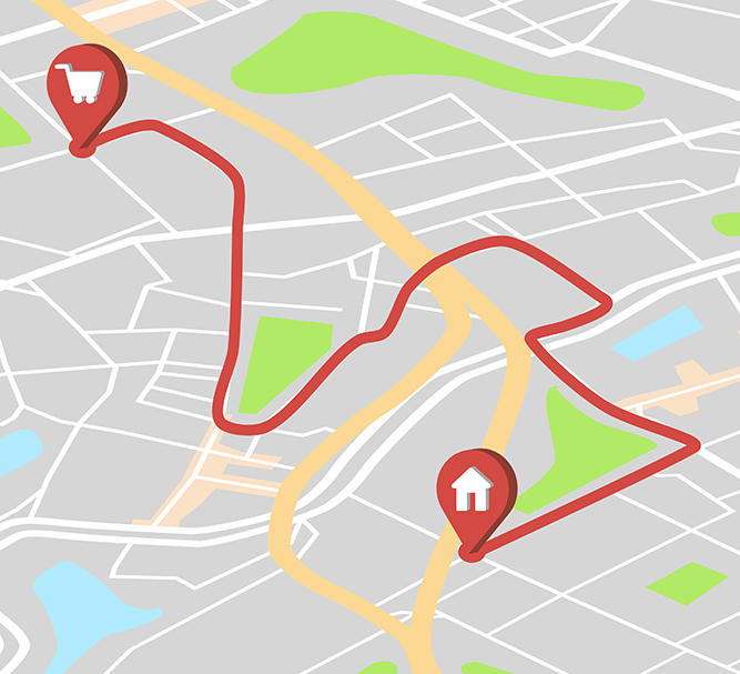 Stadtplangrafik mit eingezeichnetem Weg von der Wohnung zum Einkaufsort
