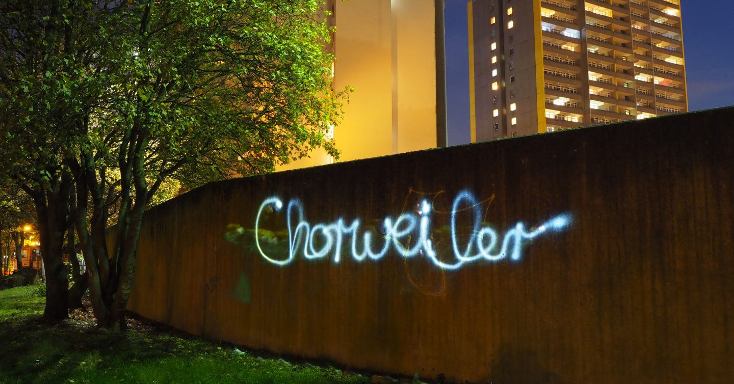 Lichtgraffiti mit dem Schriftzug Chorweiler vor beleuchteten Hochhäusern bei Nacht