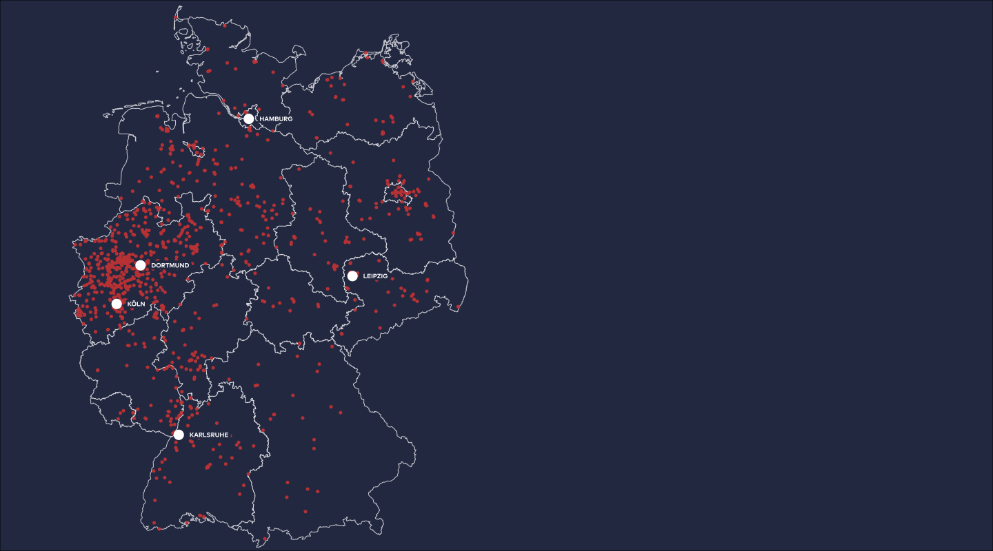 Deutschlandkarte mit roten Punkten für Projektorte und den Standorten Hamburg, Dortmund, Köln, Leipzig und Karlsruhe