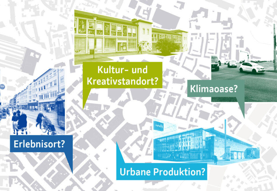Plakat zur Online-Beteiligung in Kassel: Stadtplan mit Fragen wie Erlebnisort, Klimaoase, Urbane Produktion